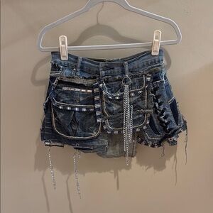 Denim Mini Skirt with Chains and Lace-Up Detail